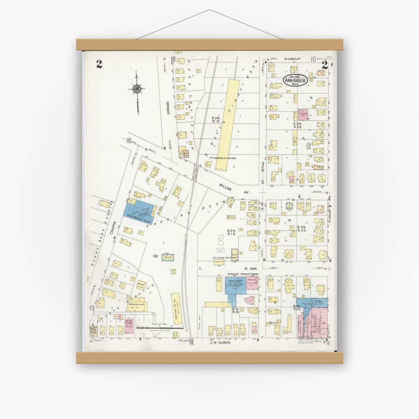 Old map wall art mockup — magnetic wood frame on white wall — Sanborn Fire Insurance Map from Ann Arbor, Washtenaw County, Michigan (1925), Sheet #0002
