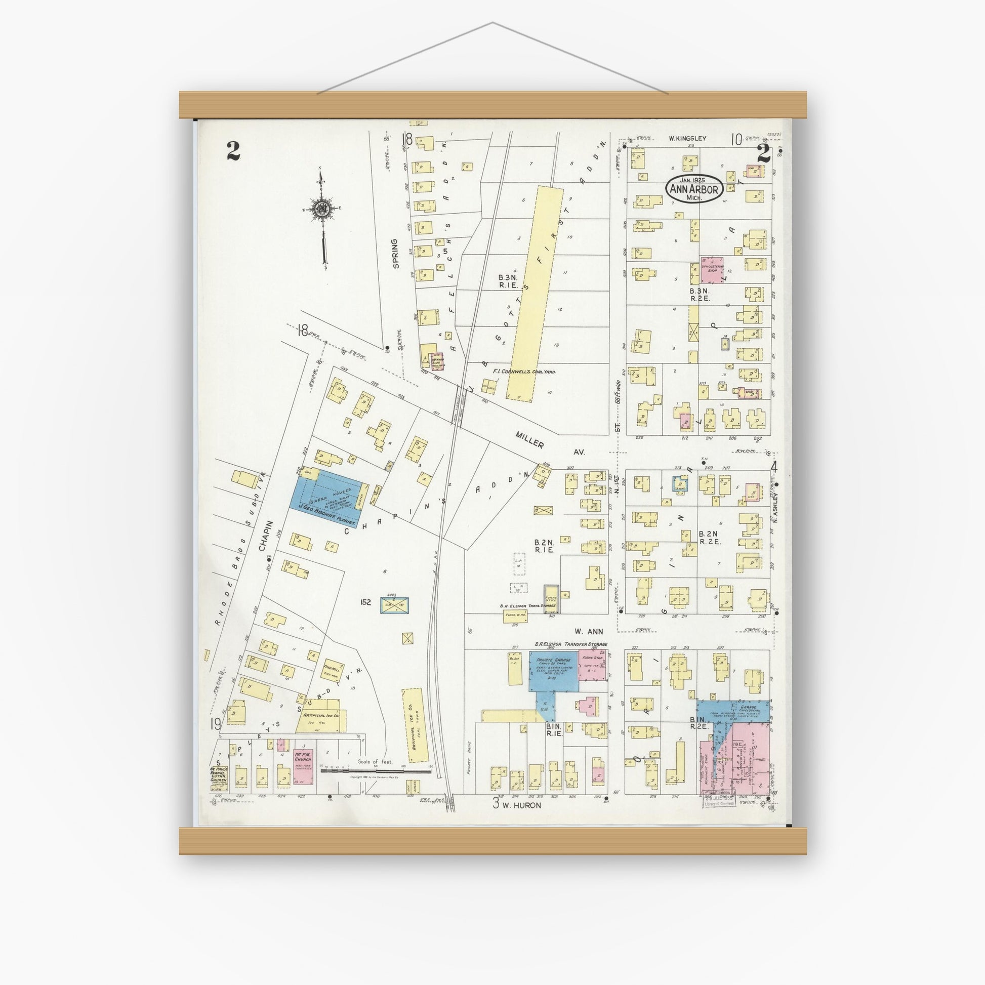 Old map wall art mockup — magnetic wood frame on white wall — Sanborn Fire Insurance Map from Ann Arbor, Washtenaw County, Michigan (1925), Sheet #0002