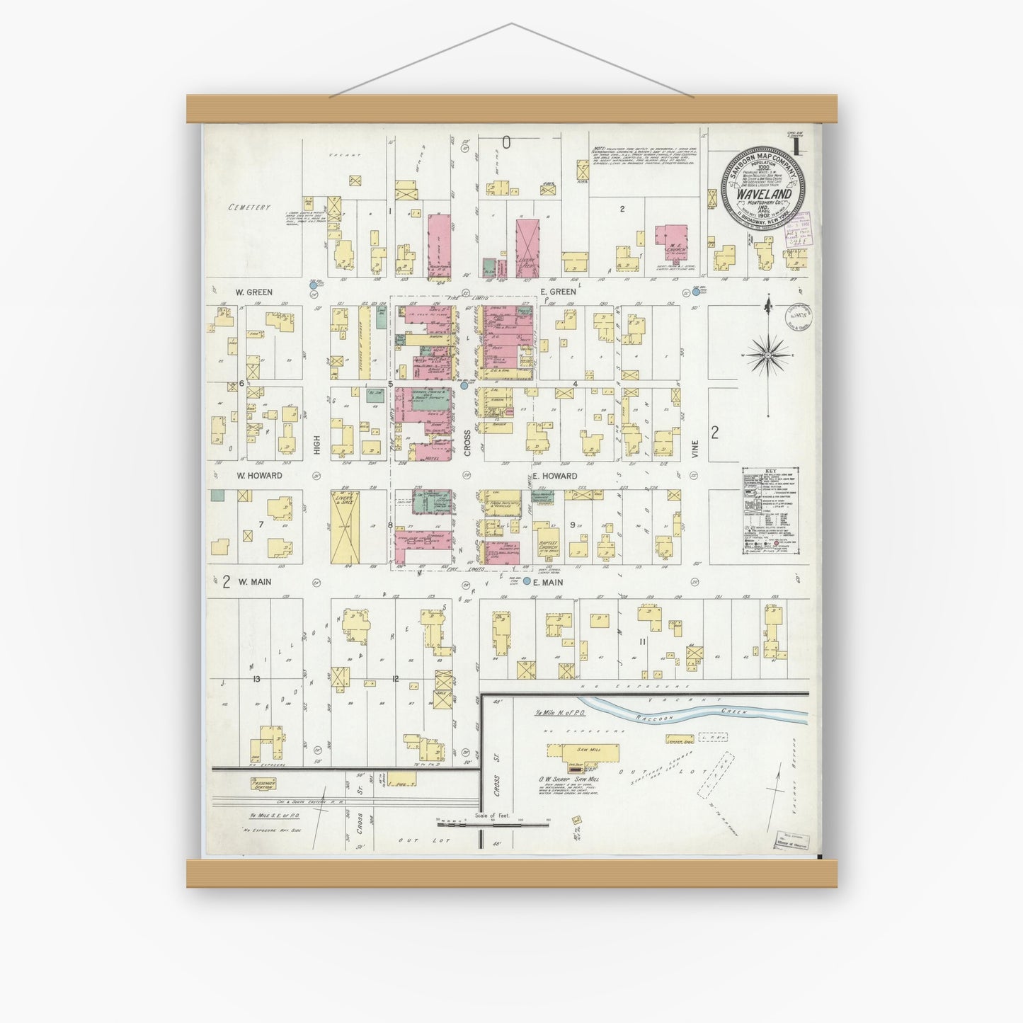 Old map wall art mockup — magnetic wood frame on white wall — Sanborn Fire Insurance Map from Waveland, Montgomery County, Indiana (1902) - Complete Map Set