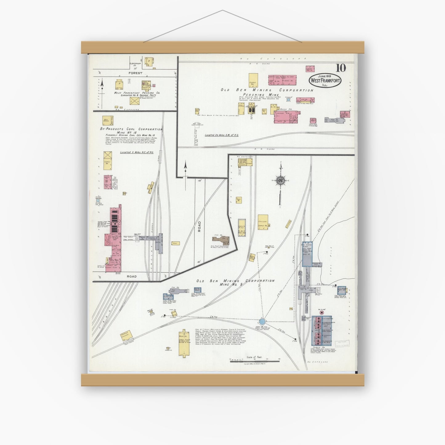 Old map wall art mockup — magnetic wood frame on white wall — Sanborn Fire Insurance Map from West Frankfort, Franklin County, Illinois (1919), Sheet #0010
