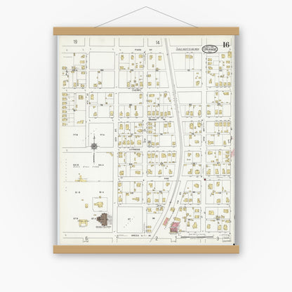Old map wall art mockup — magnetic wood frame on white wall — Sanborn Fire Insurance Map from Orange, Orange County, Texas (1919), Sheet #0016