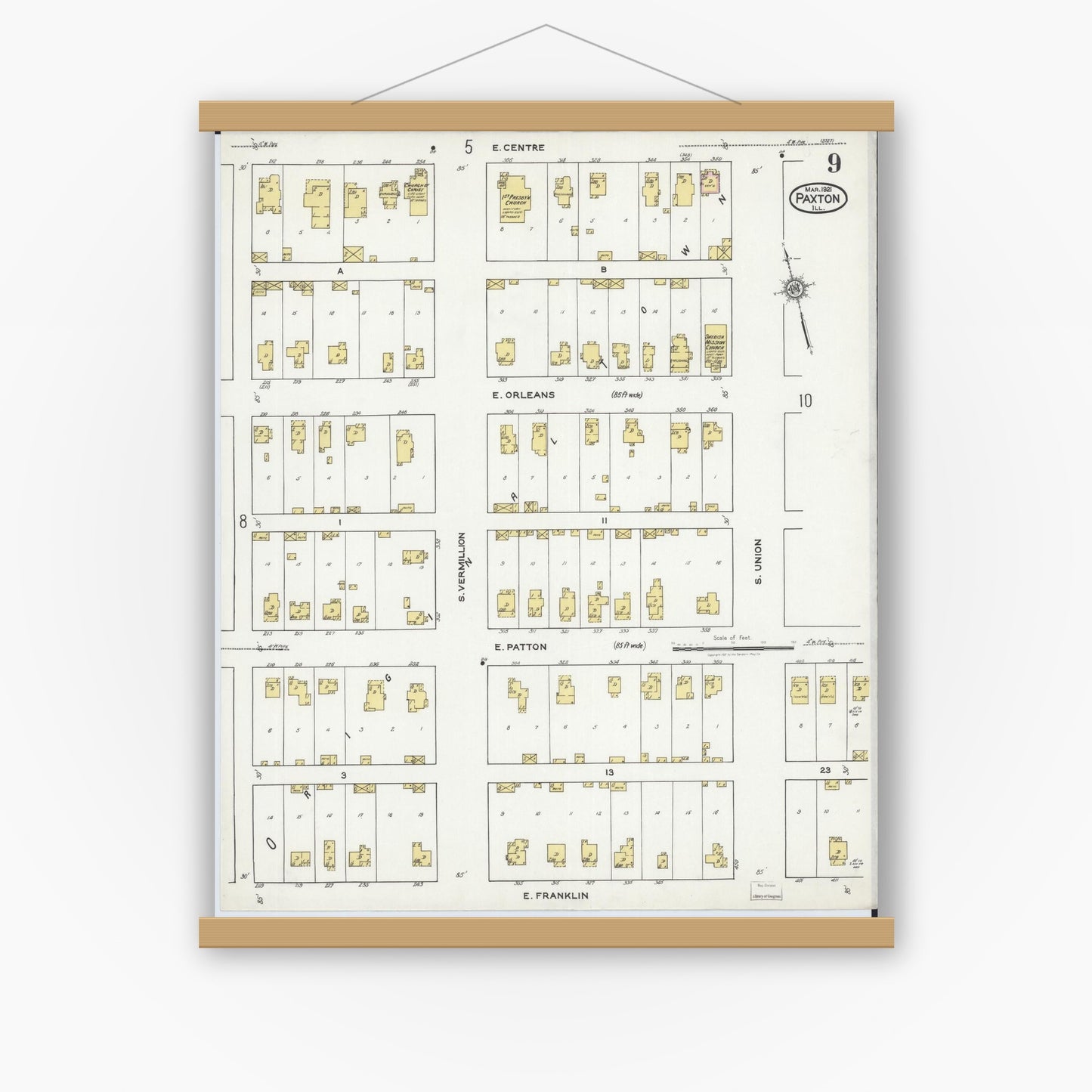 Old map wall art mockup — magnetic wood frame on white wall — Sanborn Fire Insurance Map from Paxton, Ford County, Illinois (1921), Sheet #0009