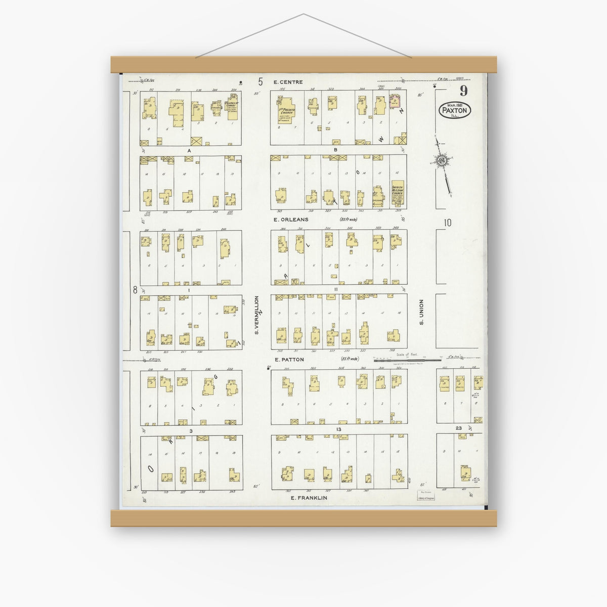Old map wall art mockup — magnetic wood frame on white wall — Sanborn Fire Insurance Map from Paxton, Ford County, Illinois (1921), Sheet #0009