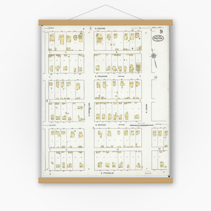 Old map wall art mockup — magnetic wood frame on white wall — Sanborn Fire Insurance Map from Paxton, Ford County, Illinois (1921), Sheet #0009