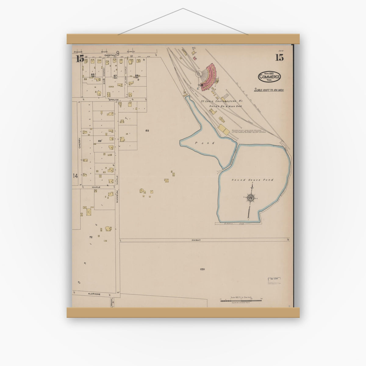 Old map wall art mockup — magnetic wood frame on white wall — Sanborn Fire Insurance Map from Commerce, Hunt County, Texas (1922), Sheet #0015