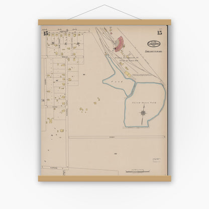 Old map wall art mockup — magnetic wood frame on white wall — Sanborn Fire Insurance Map from Commerce, Hunt County, Texas (1922), Sheet #0015