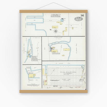 Old map wall art mockup — magnetic wood frame on white wall — Sanborn Fire Insurance Map from Ogdensburg, St. Lawrence County, New York (1892), Sheet #0013