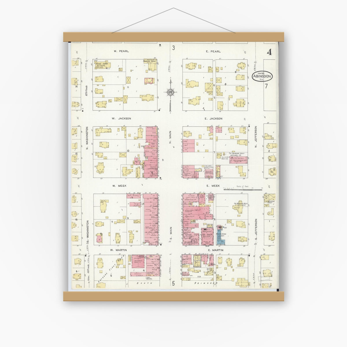 Old map wall art mockup — magnetic wood frame on white wall — Sanborn Fire Insurance Map from Abingdon, Knox County, Illinois (1912), Sheet #0004