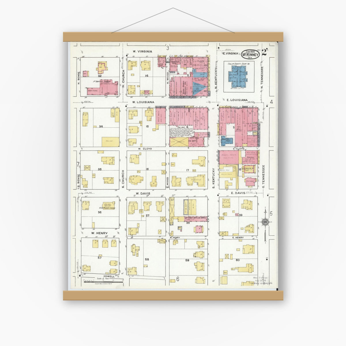 Old map wall art mockup — magnetic wood frame on white wall — Sanborn Fire Insurance Map from McKinney, Collin County, Texas (1920), Sheet #0002