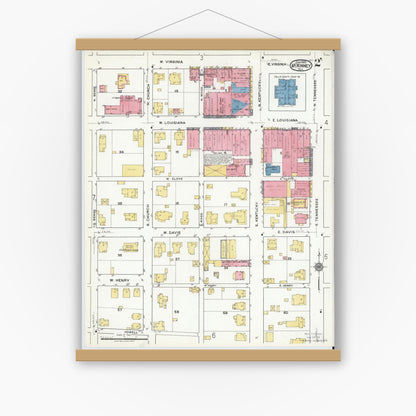 Old map wall art mockup — magnetic wood frame on white wall — Sanborn Fire Insurance Map from McKinney, Collin County, Texas (1920), Sheet #0002