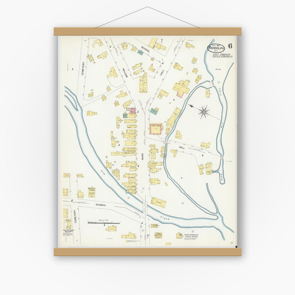 Old map wall art mockup — magnetic wood frame on white wall — Sanborn Fire Insurance Map from Randolph, Cattaraugus County, New York (1907), Sheet #0006