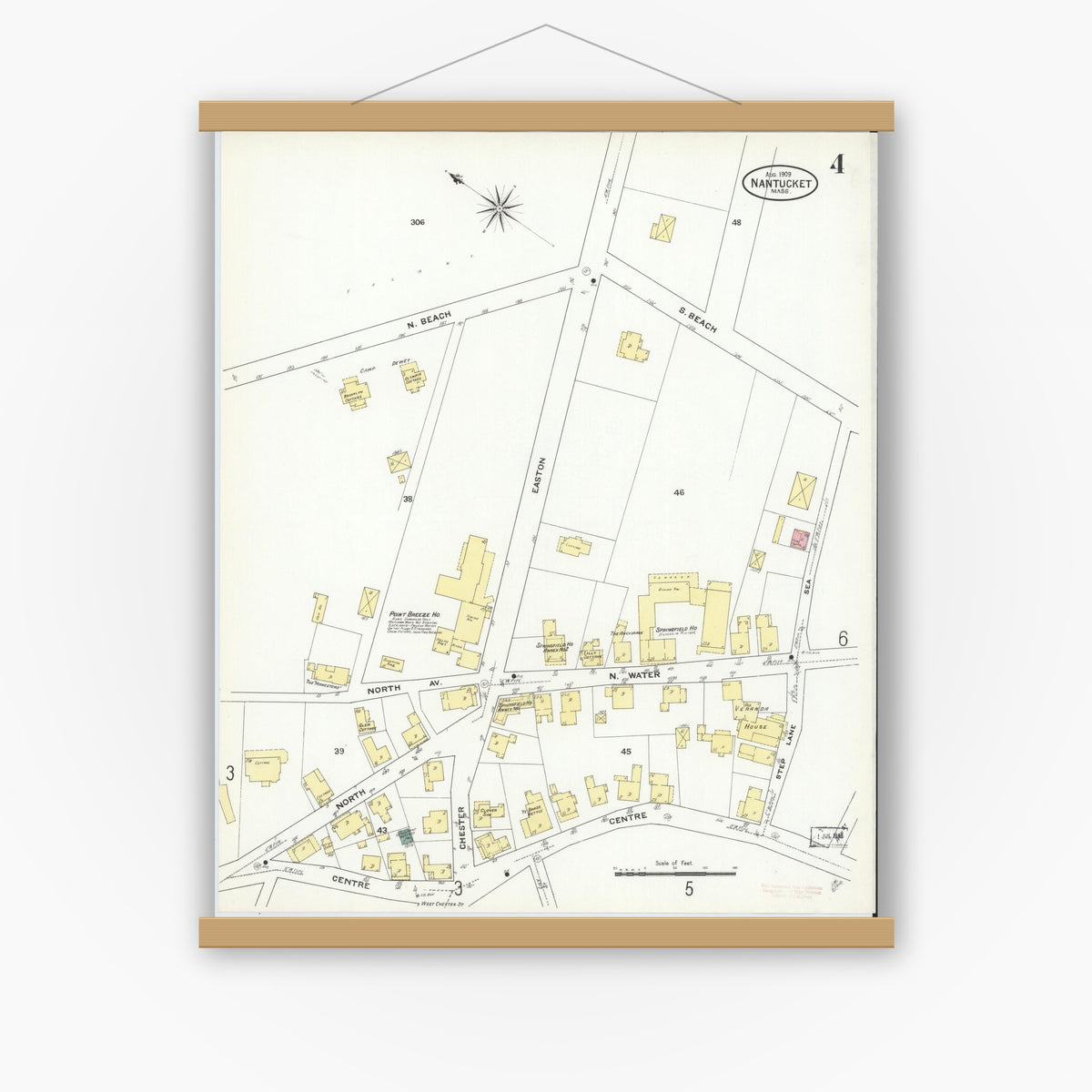 Old map wall art mockup — magnetic wood frame on white wall — Sanborn Fire Insurance Map from Nantucket, Nantucket County, Massachusetts (1909), Sheet #0004