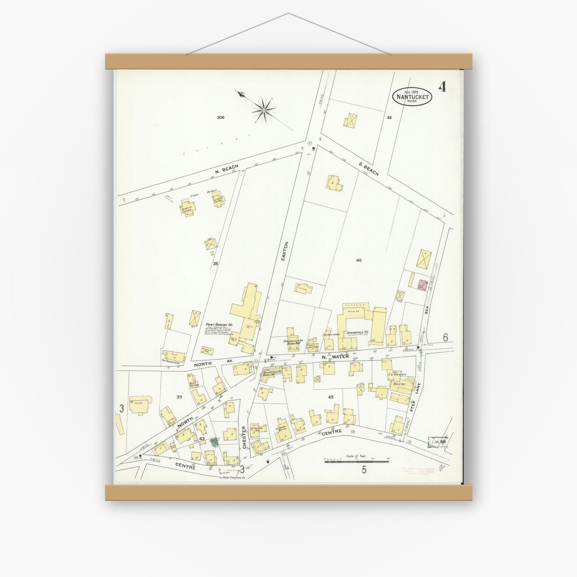 Old map wall art mockup — magnetic wood frame on white wall — Sanborn Fire Insurance Map from Nantucket, Nantucket County, Massachusetts (1909), Sheet #0004