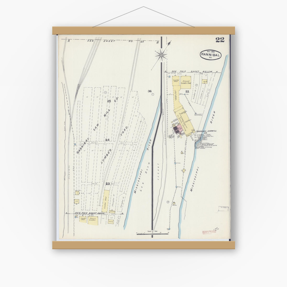 Old map wall art mockup — magnetic wood frame on white wall — Sanborn Fire Insurance Map from Hannibal, Marion County, Missouri (1890), Sheet #0022