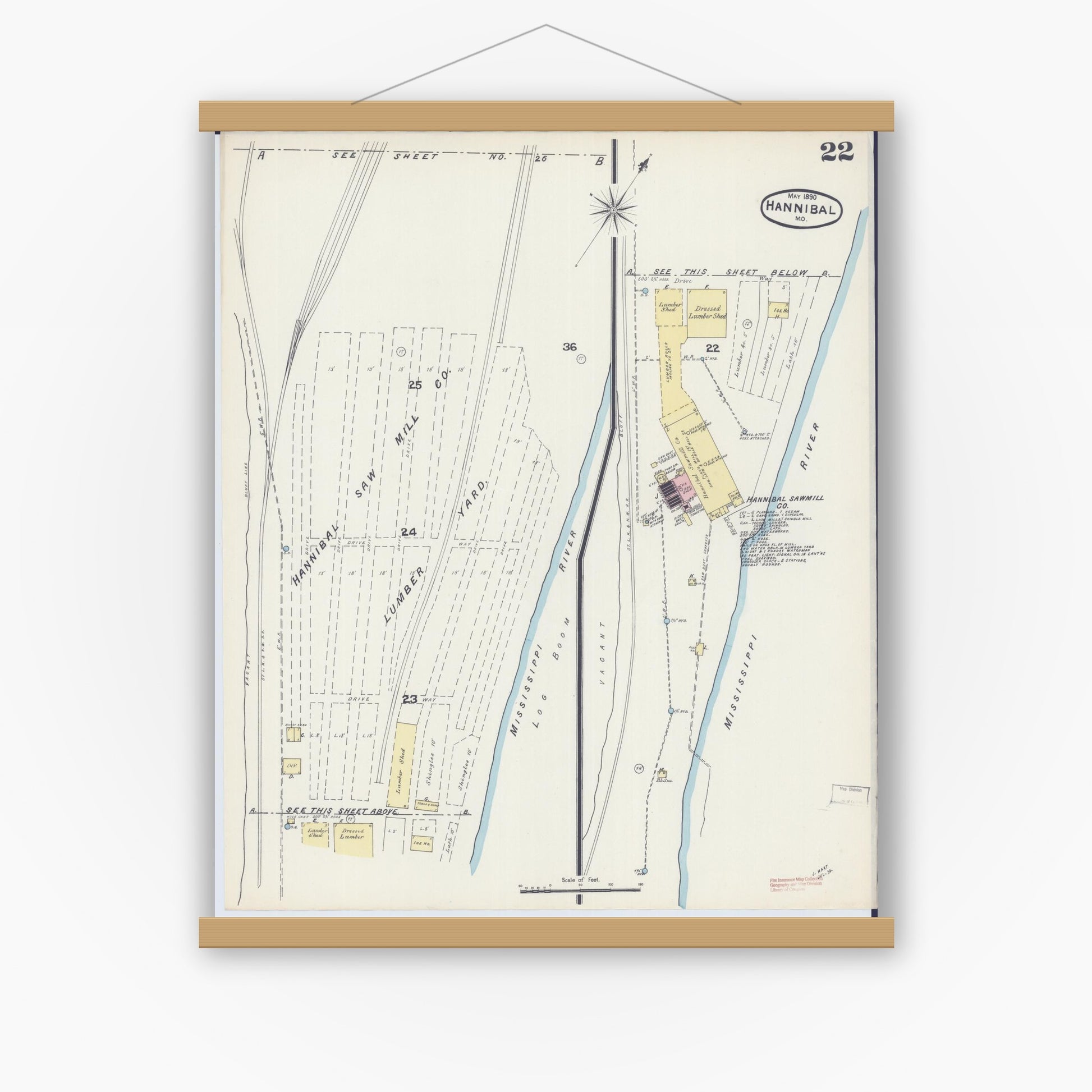 Old map wall art mockup — magnetic wood frame on white wall — Sanborn Fire Insurance Map from Hannibal, Marion County, Missouri (1890), Sheet #0022