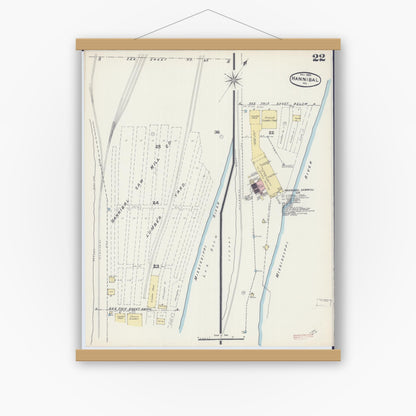 Old map wall art mockup — magnetic wood frame on white wall — Sanborn Fire Insurance Map from Hannibal, Marion County, Missouri (1890), Sheet #0022