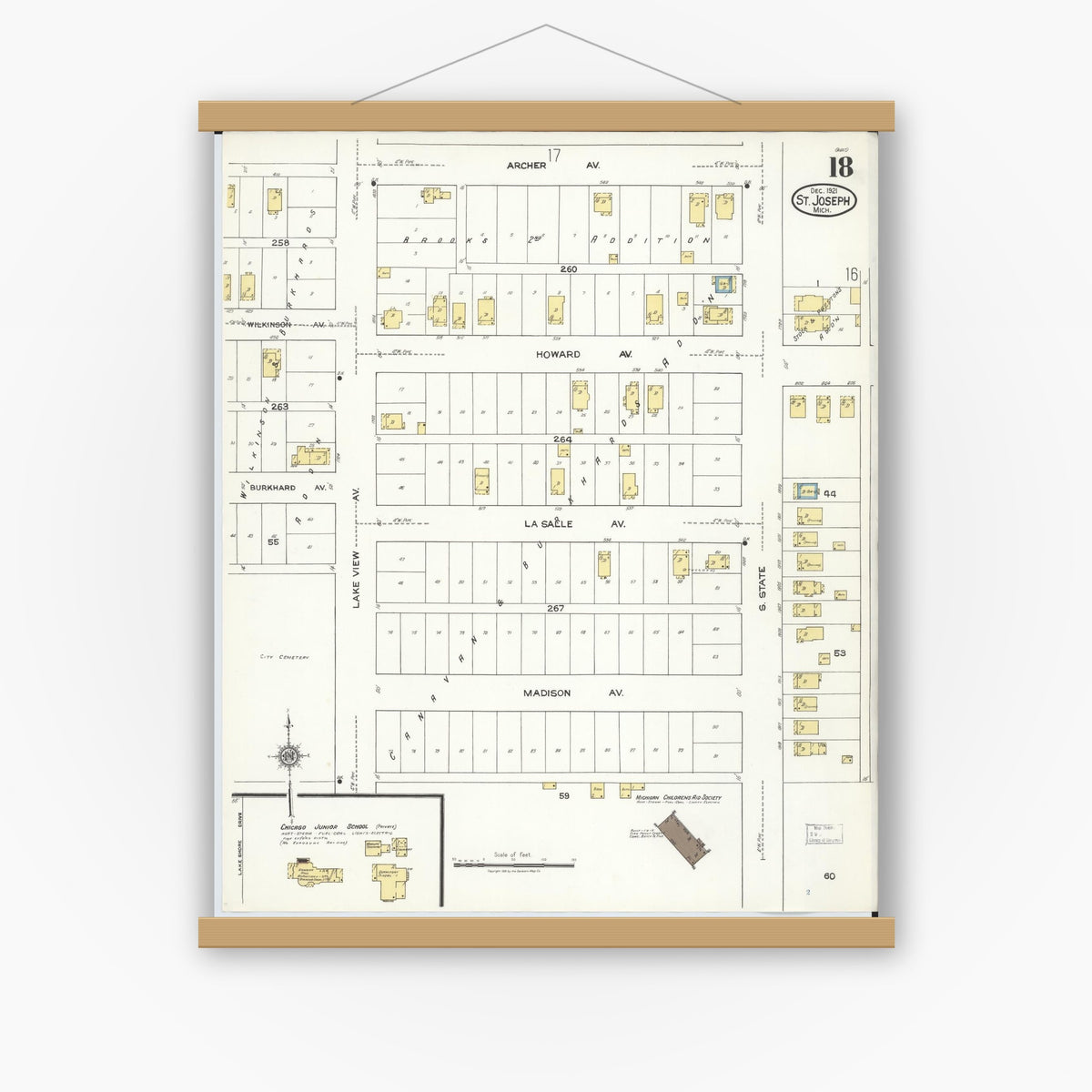 Old map wall art mockup — magnetic wood frame on white wall — Sanborn Fire Insurance Map from Saint Joseph, Berrien County, Michigan (1921), Sheet #0018