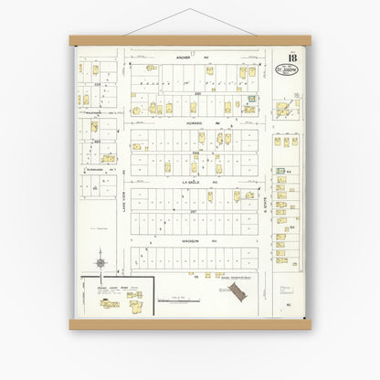 Old map wall art mockup — magnetic wood frame on white wall — Sanborn Fire Insurance Map from Saint Joseph, Berrien County, Michigan (1921), Sheet #0018