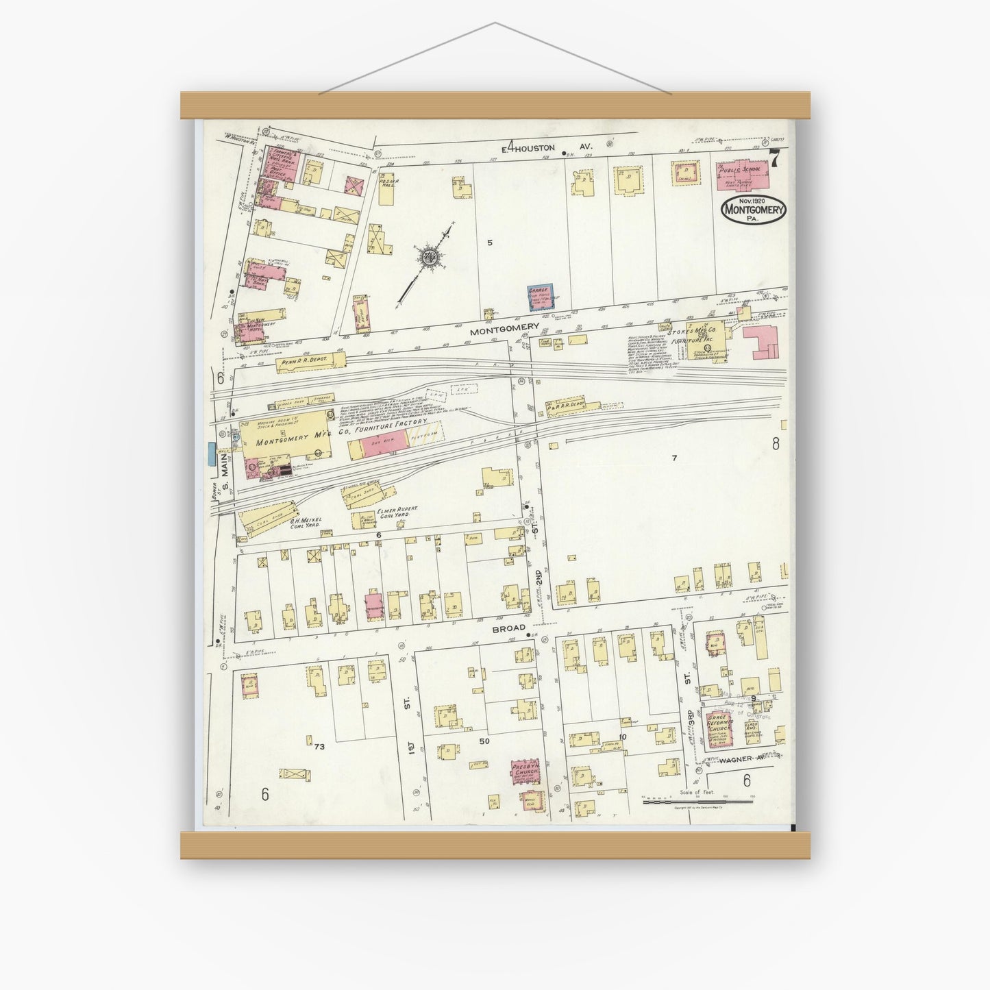 Old map wall art mockup — magnetic wood frame on white wall — Sanborn Fire Insurance Map from Montgomery, Lycoming County, Pennsylvania (1920), Sheet #0007