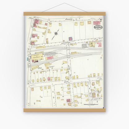 Old map wall art mockup — magnetic wood frame on white wall — Sanborn Fire Insurance Map from Montgomery, Lycoming County, Pennsylvania (1920), Sheet #0007