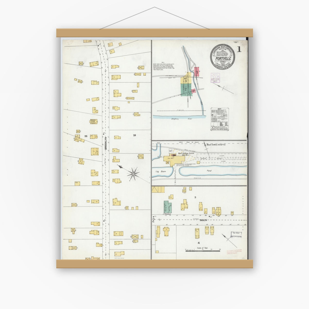 Old map wall art mockup — magnetic wood frame on white wall — Sanborn Fire Insurance Map from Portville, Cattaraugus County, New York (1904) - Complete Map Set