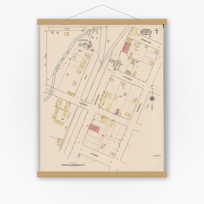 Old map wall art mockup — magnetic wood frame on white wall — Sanborn Fire Insurance Map from Kenedy, Karnes County, Texas (1922), Sheet #0007