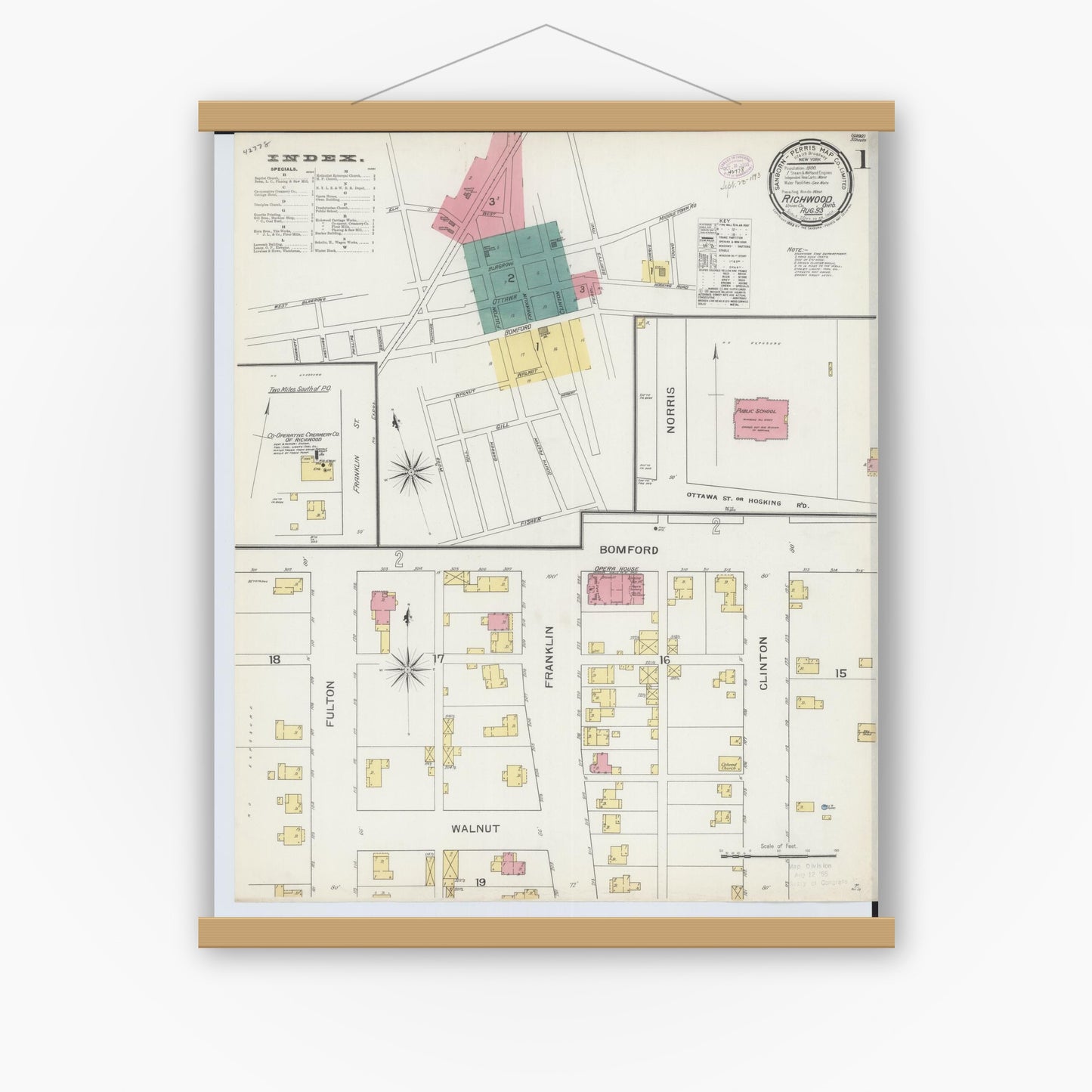 Old map wall art mockup — magnetic wood frame on white wall — Sanborn Fire Insurance Map from Richwood, Union County, Ohio (1893), Sheet #0001