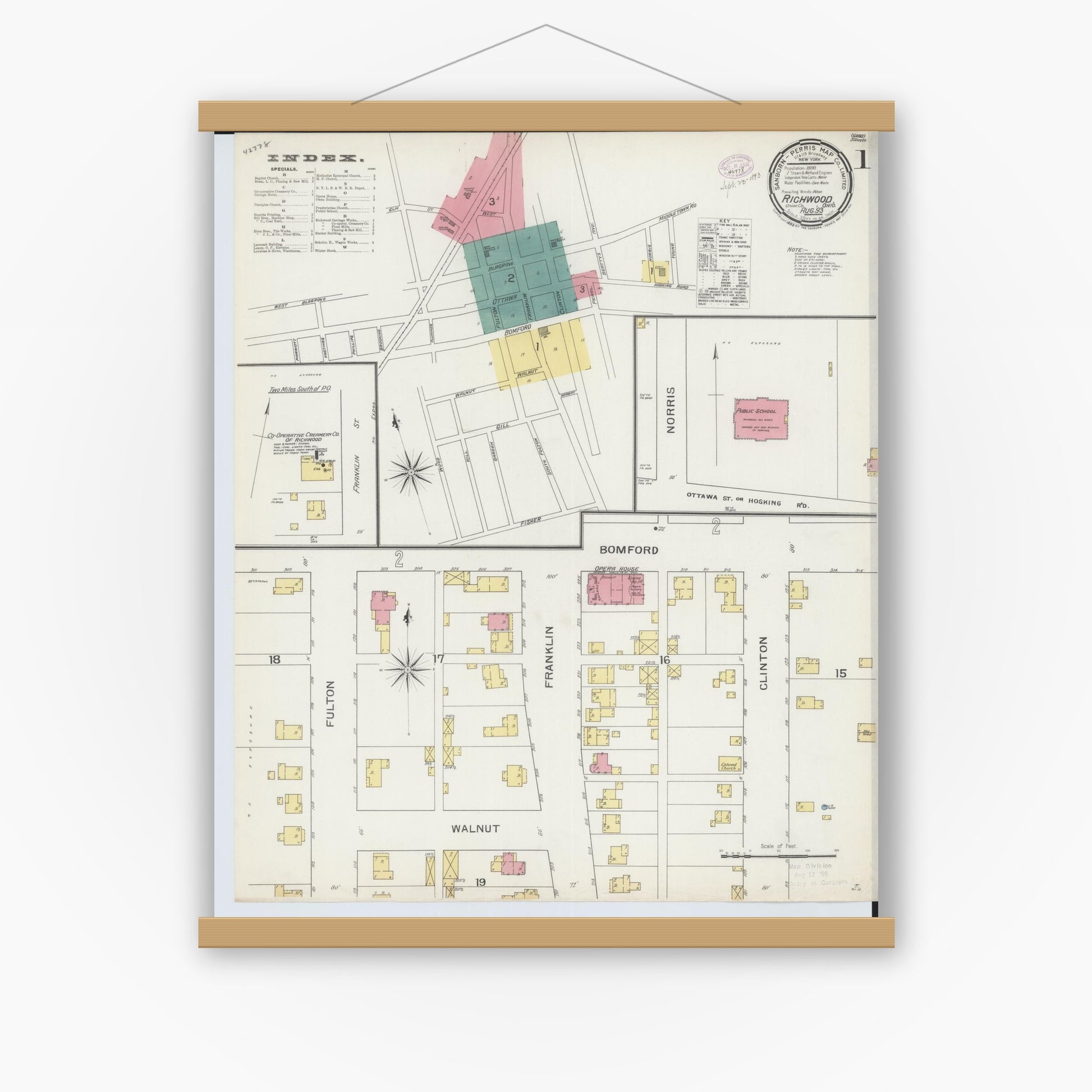 Old map wall art mockup — magnetic wood frame on white wall — Sanborn Fire Insurance Map from Richwood, Union County, Ohio (1893), Sheet #0001