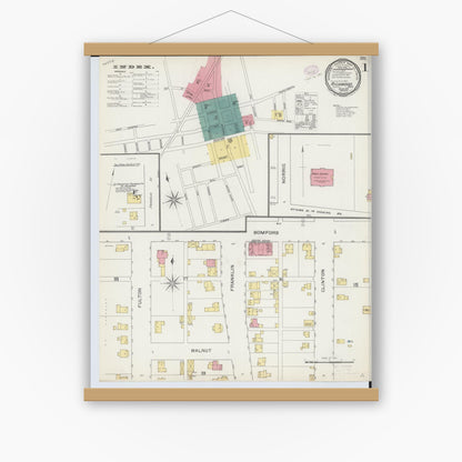 Old map wall art mockup — magnetic wood frame on white wall — Sanborn Fire Insurance Map from Richwood, Union County, Ohio (1893), Sheet #0001