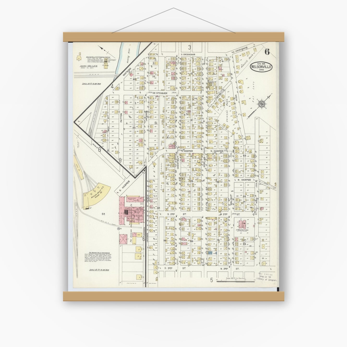 Old map wall art mockup — magnetic wood frame on white wall — Sanborn Fire Insurance Map from Nelsonville, Athens County, Ohio (1914), Sheet #0006