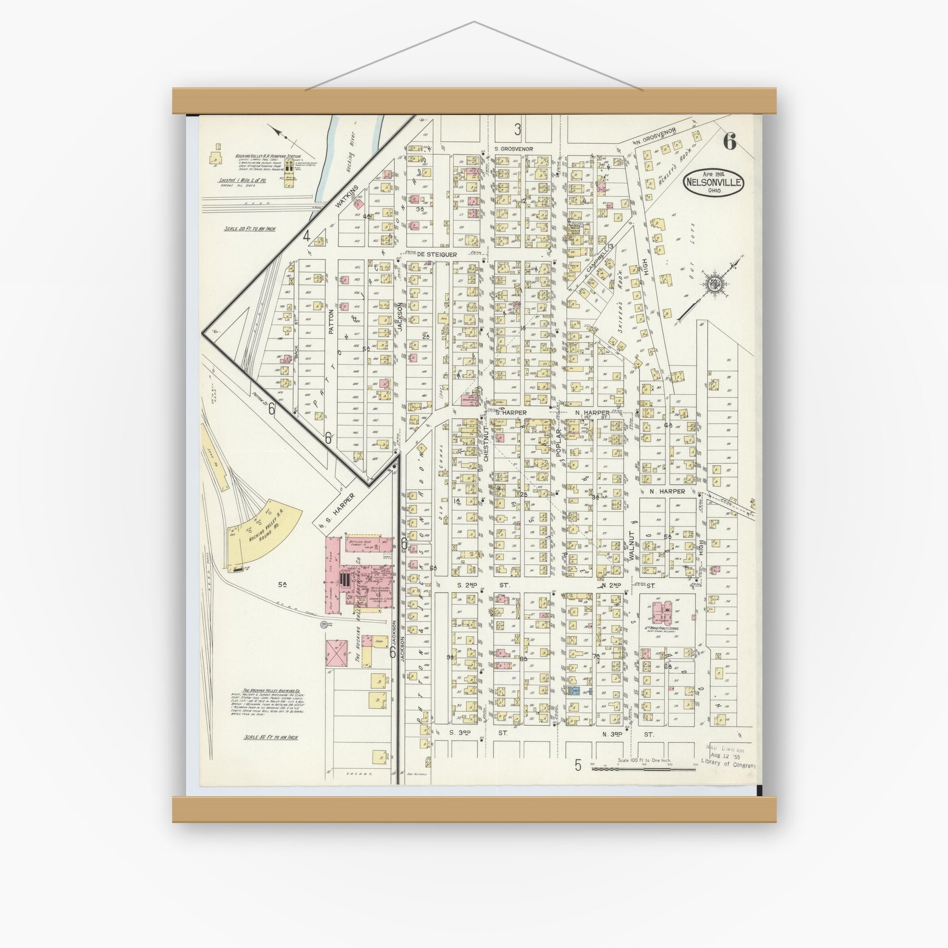 Old map wall art mockup — magnetic wood frame on white wall — Sanborn Fire Insurance Map from Nelsonville, Athens County, Ohio (1914), Sheet #0006