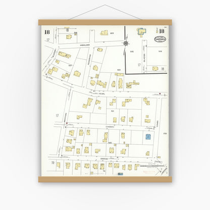 Old map wall art mockup — magnetic wood frame on white wall — Sanborn Fire Insurance Map from Gardner, Worcester County, Massachusetts (1923), Sheet #0018