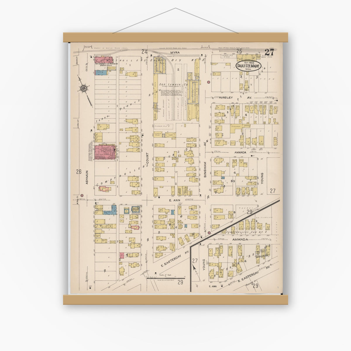 Old map wall art mockup — magnetic wood frame on white wall — Sanborn Fire Insurance Map from Sault Sainte Marie, Chippewa County, Michigan (1922), Sheet #0027