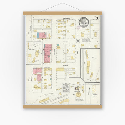 Old map wall art mockup — magnetic wood frame on white wall — Sanborn Fire Insurance Map from Franklin, Robertson County, Texas (1905), Sheet #0001