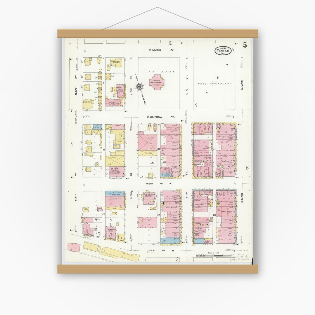 Old map wall art mockup — magnetic wood frame on white wall — Sanborn Fire Insurance Map from Temple, Bell County, Texas (1910), Sheet #0005