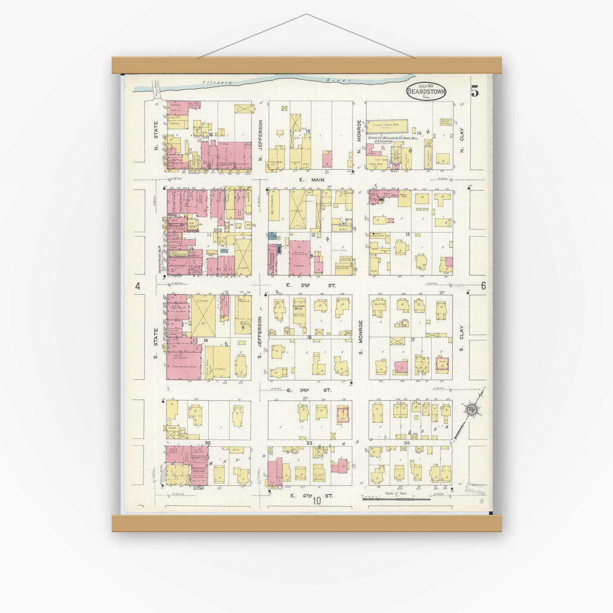 Old map wall art mockup — magnetic wood frame on white wall — Sanborn Fire Insurance Map from Beardstown, Cass County, Illinois (1913), Sheet #0005