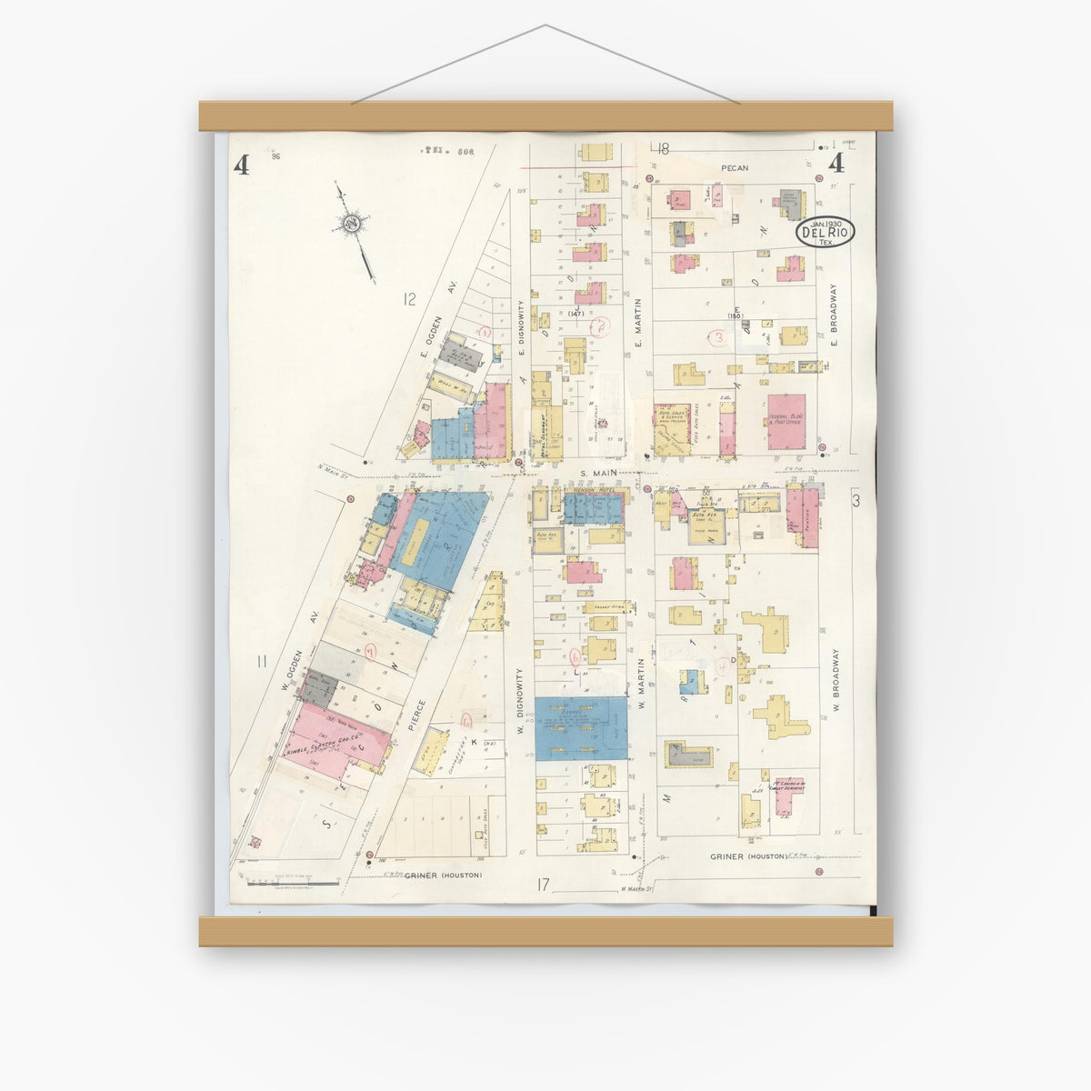 Old map wall art mockup — magnetic wood frame on white wall — Sanborn Fire Insurance Map from Del Rio, Val Verde County, Texas (1948), Sheet #0004