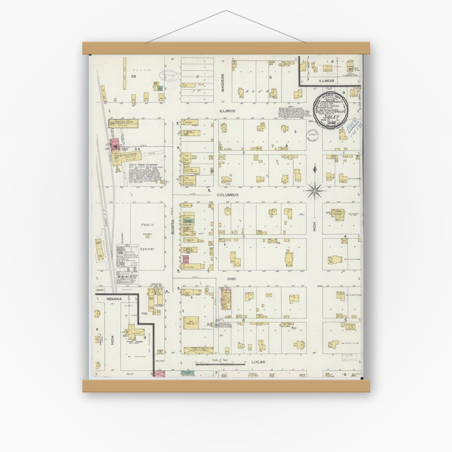 Old map wall art mockup — magnetic wood frame on white wall — Sanborn Fire Insurance Map from Sibley, Ford County, Illinois (1899), Sheet #0001