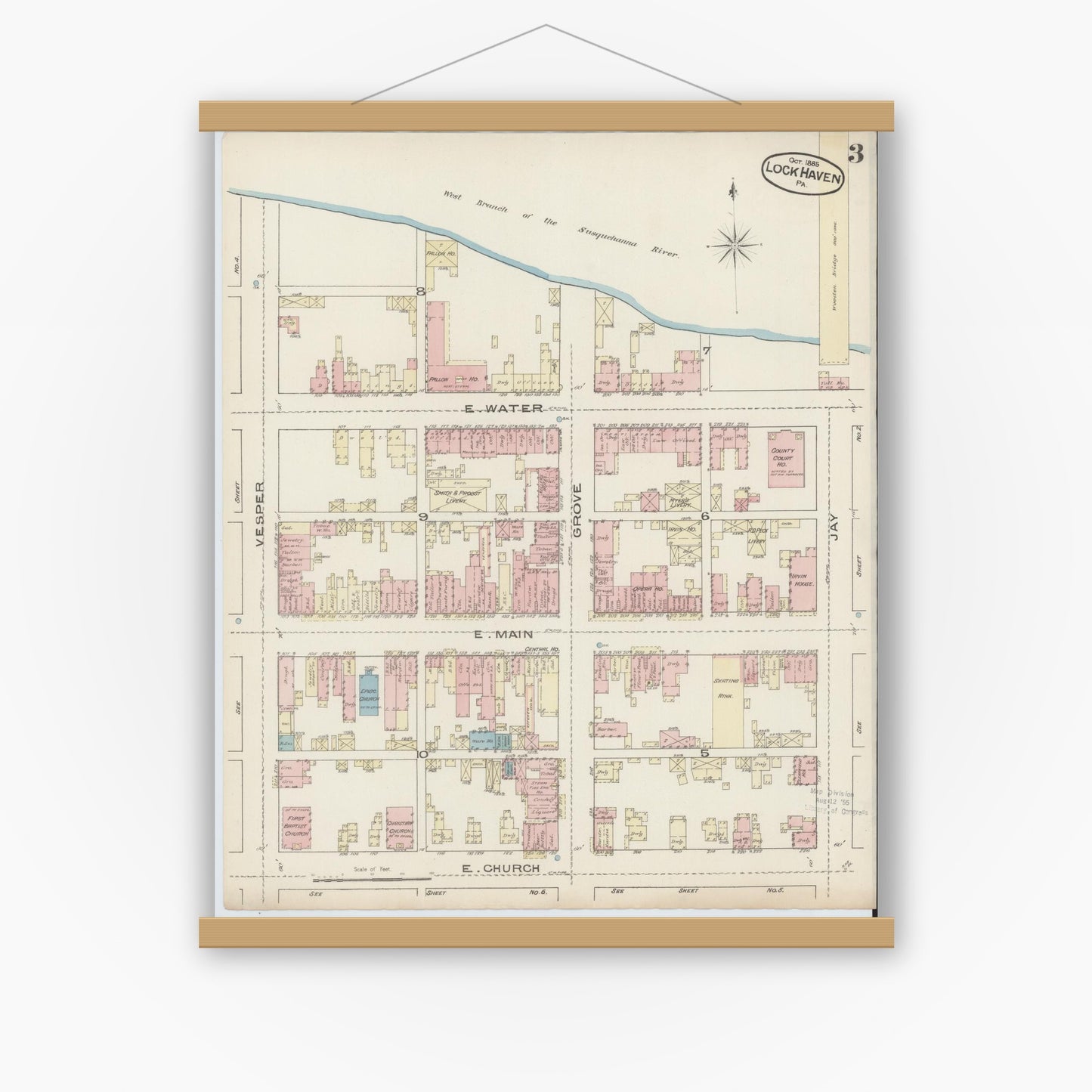 Old map wall art mockup — magnetic wood frame on white wall — Sanborn Fire Insurance Map from Lock Haven, Clinton County, Pennsylvania (1885), Sheet #0003