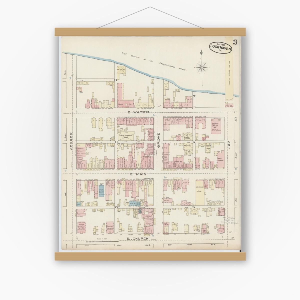 Old map wall art mockup — magnetic wood frame on white wall — Sanborn Fire Insurance Map from Lock Haven, Clinton County, Pennsylvania (1885), Sheet #0003