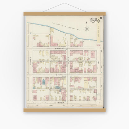 Old map wall art mockup — magnetic wood frame on white wall — Sanborn Fire Insurance Map from Lock Haven, Clinton County, Pennsylvania (1885), Sheet #0003