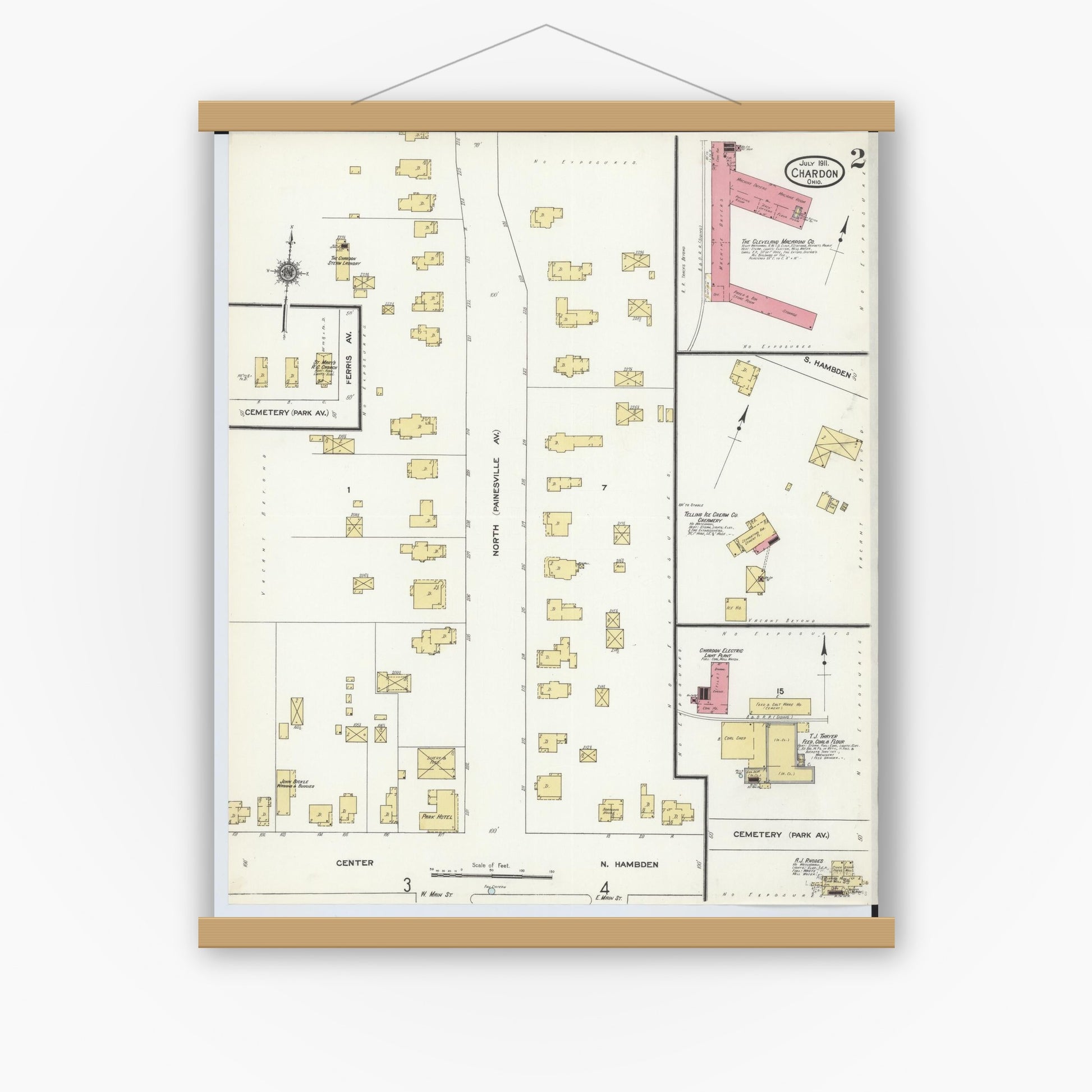 Old map wall art mockup — magnetic wood frame on white wall — Sanborn Fire Insurance Map from Chardon, Geauga County, Ohio (1911), Sheet #0002