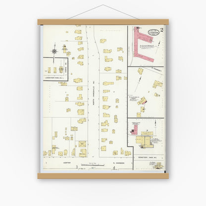 Old map wall art mockup — magnetic wood frame on white wall — Sanborn Fire Insurance Map from Chardon, Geauga County, Ohio (1911), Sheet #0002