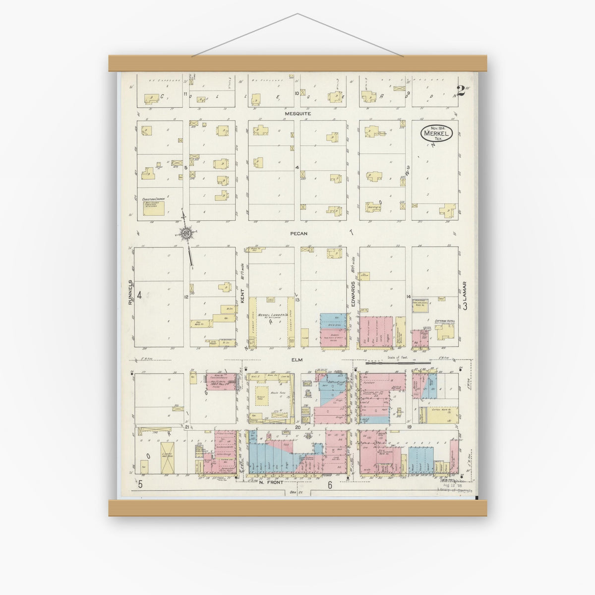 Old map wall art mockup — magnetic wood frame on white wall — Sanborn Fire Insurance Map from Merkel, Taylor County, Texas (1914), Sheet #0002
