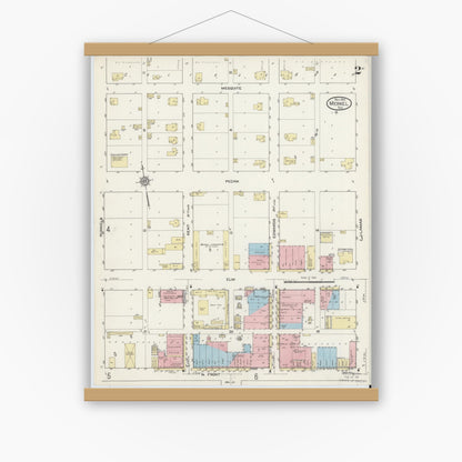 Old map wall art mockup — magnetic wood frame on white wall — Sanborn Fire Insurance Map from Merkel, Taylor County, Texas (1914), Sheet #0002