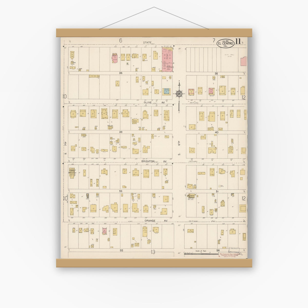 Old map wall art mockup — magnetic wood frame on white wall — Sanborn Fire Insurance Map from El Centro, Imperial County, California (1914), Sheet #0011
