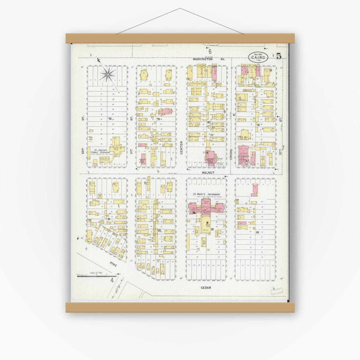 Old map wall art mockup — magnetic wood frame on white wall — Sanborn Fire Insurance Map from Cairo, Alexander County, Illinois (1901), Sheet #0005