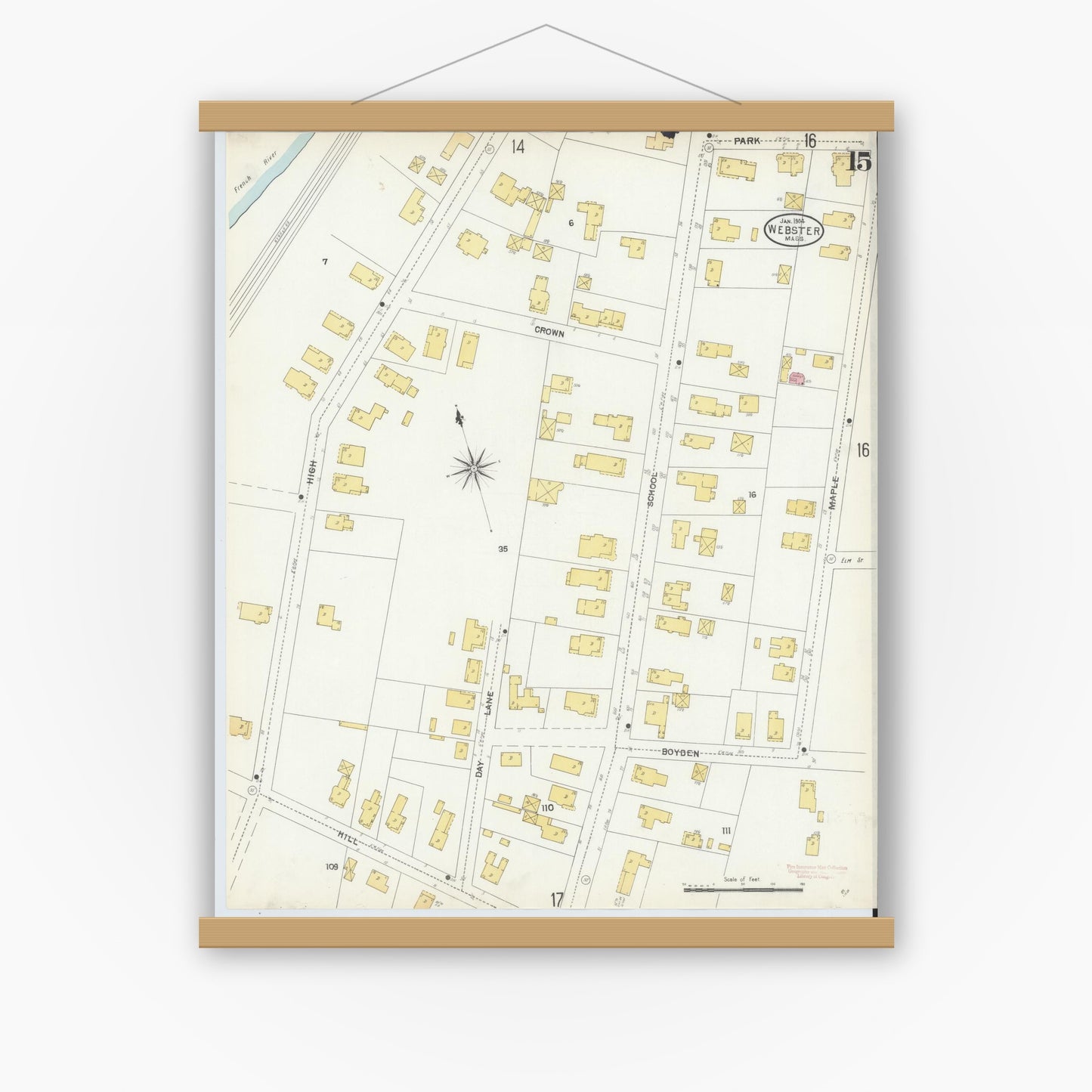 Old map wall art mockup — magnetic wood frame on white wall — Sanborn Fire Insurance Map from Webster, Worcester County, Massachusetts (1904), Sheet #0015
