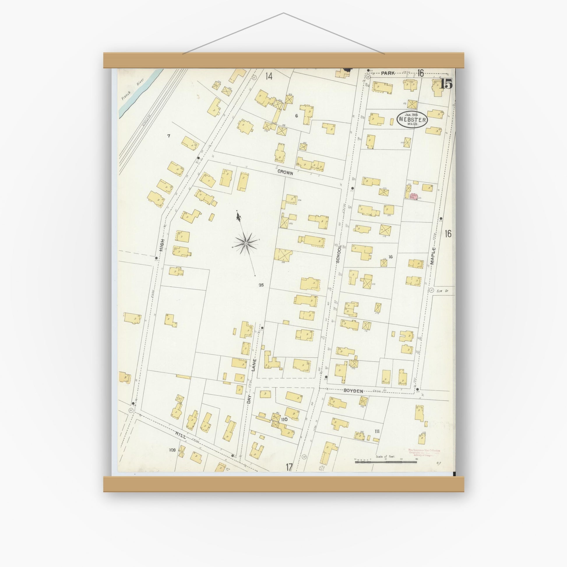 Old map wall art mockup — magnetic wood frame on white wall — Sanborn Fire Insurance Map from Webster, Worcester County, Massachusetts (1904), Sheet #0015