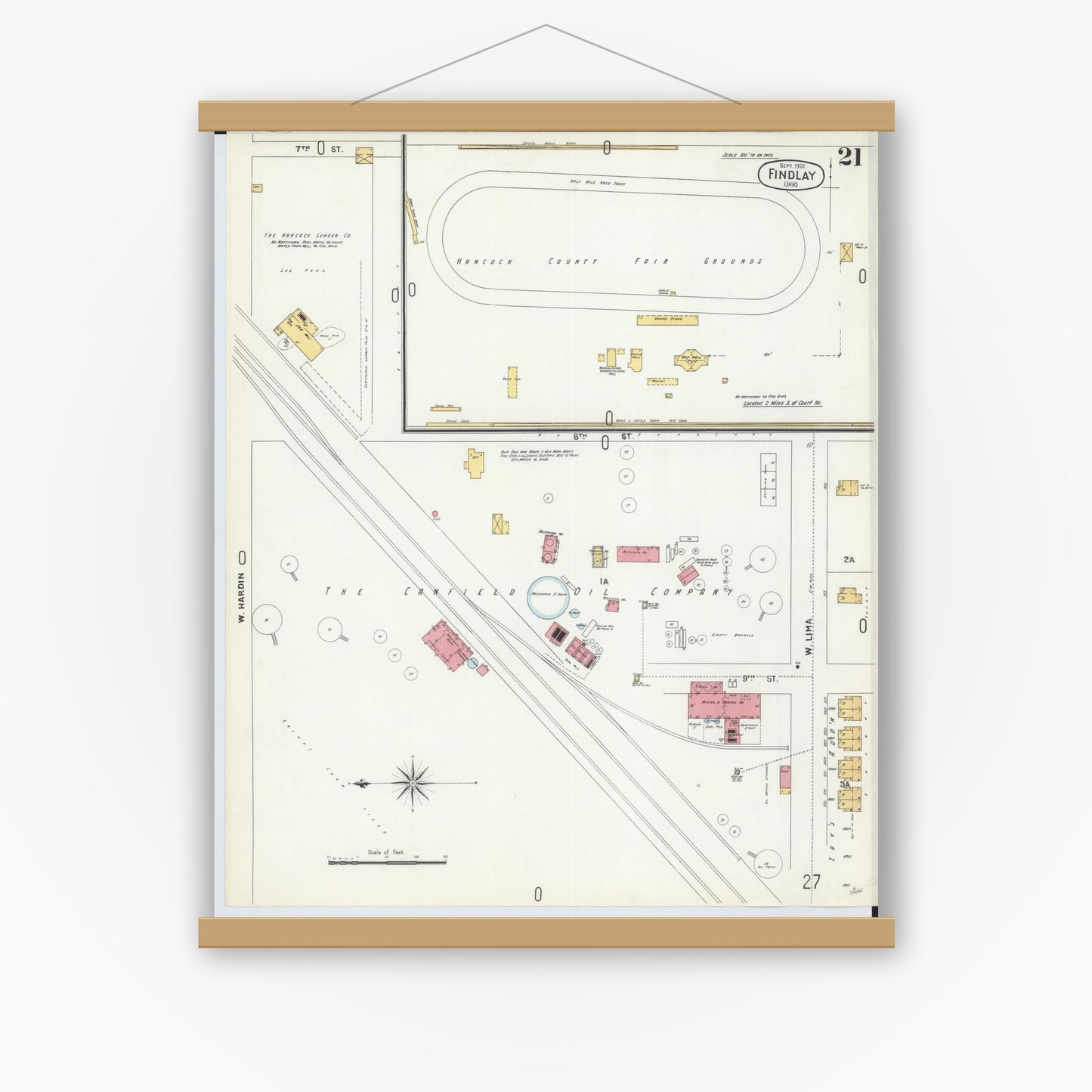 Old map wall art mockup — magnetic wood frame on white wall — Sanborn Fire Insurance Map from Findlay, Hancock County, Ohio (1901), Sheet #0021